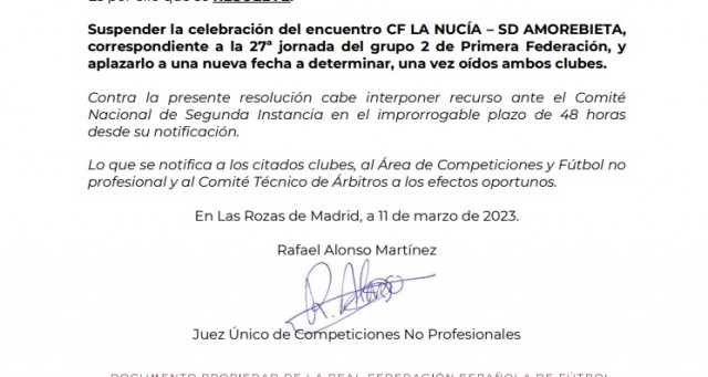 Suspendido el partido La Nucía-Amorebieta por el fallecimiento de un directivo del conjunto vasco