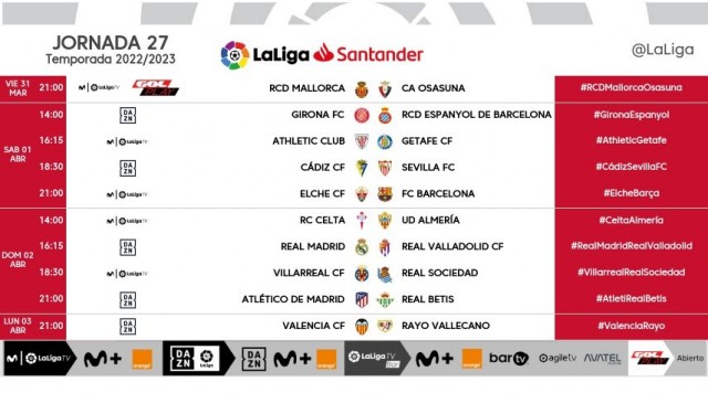 Estos son los horarios de la jornada 27 de La Liga
