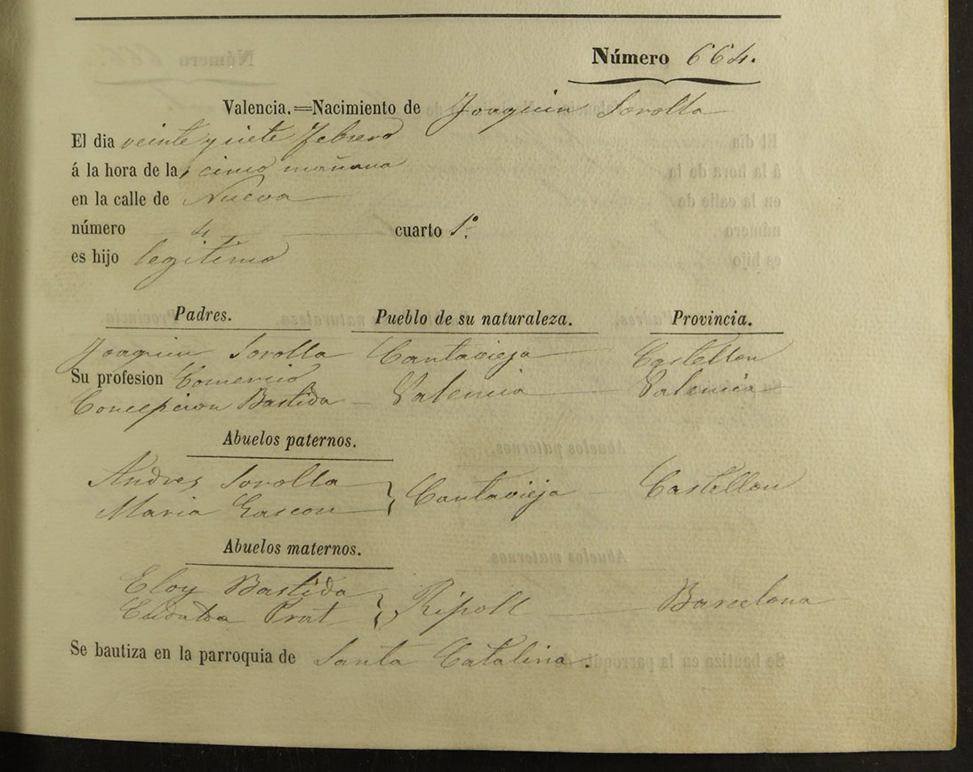 Partida de nacimiento de Sorolla. - 