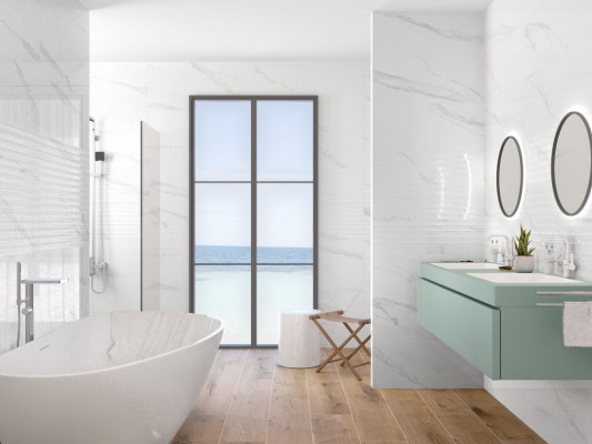 Ideas para baños con azulejos blancos y suelo de madera de la mano de Pamesa