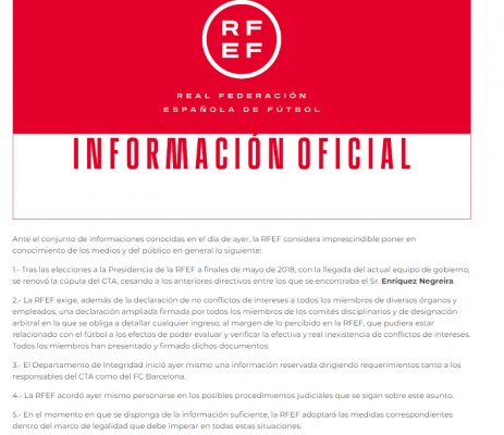 RFEF inicia requerimiento de información reservada al CTA y al FC Barcelona
