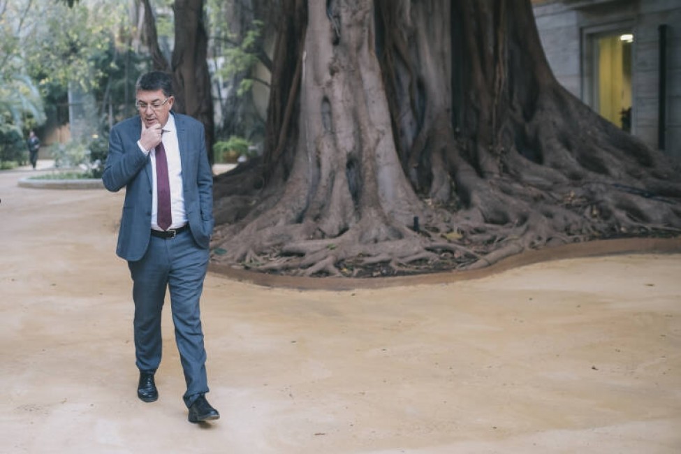 El presidente de Les Corts, Enric Morera, junto al ficus de Les Corts. Foto: KIKE TABERNER - 