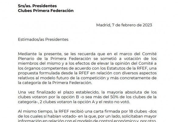 La RFEF levanta el pie con la Primera Federación y se superará la situación actual de bloqueo