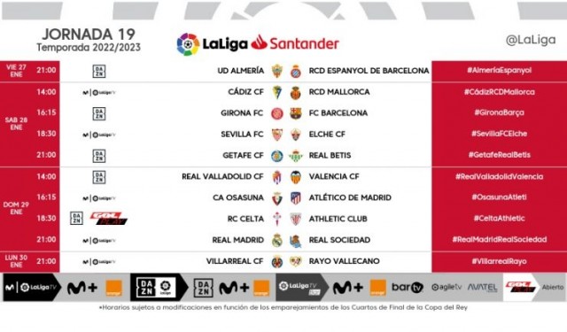 Ya se conocen los horarios de la jornada 19 de La Liga