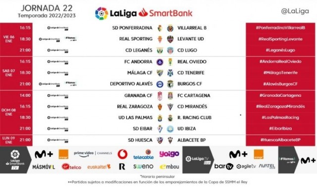 Estos son los horarios de la jornada 22 de LaLiga SmartBank
