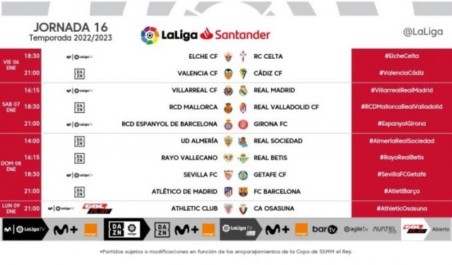 Ya se conocen los horarios de la jornada 16 de LaLiga