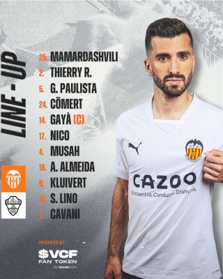 Este es el once del Valencia CF ante el Elche CF