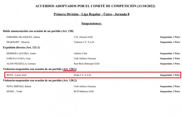 Competición aplica el castigo mínimo posible a Boyé y este se perderá el encuentro ante el Valencia