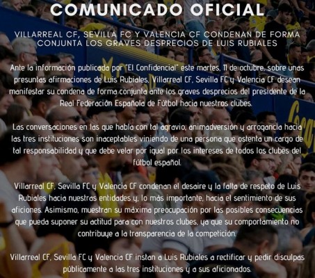 El Valencia CF, el Villarreal y el Sevilla FC “condenan los graves desprecios” de Luis Rubiales a sus clubes y aficiones y exigen “disculpas”
