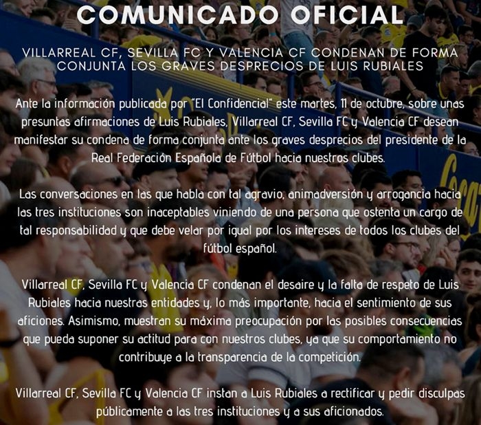 El Valencia CF, el Villarreal y el Sevilla FC “condenan los graves desprecios” de Luis Rubiales a sus clubes y aficiones y exigen “disculpas”
