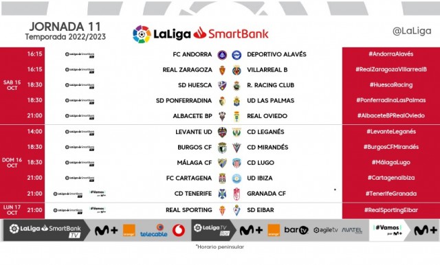Estos son los horarios de la jornada 11 en Segunda División