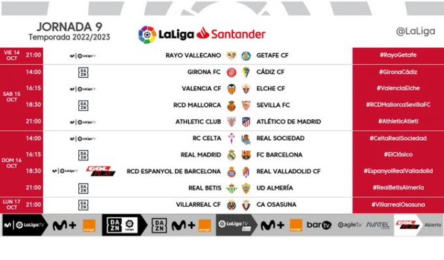 Estos son los horarios de las jornadas 9, 10 y 11 de LaLiga