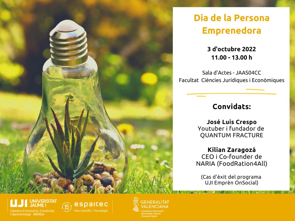 La UJI celebra una jornada el 3 de octubre para promover el emprendimiento entre su alumnado