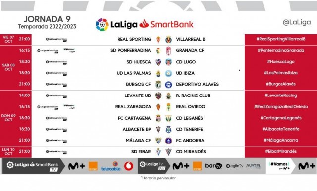 Estos son los horarios de las jornadas 9 y 10 de Segunda División