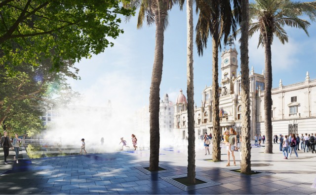 Proyectando la Plaza del Ayuntamiento (IV): un jardín lineal y una 'nebulosa' contra el calor