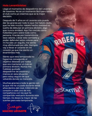 Roger cree que su salida del Levante era “la mejor decisión” para ambos
