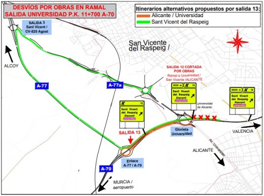 San Vicente habilita itinerarios alternativos por las obras de acceso a la rotonda de la UA