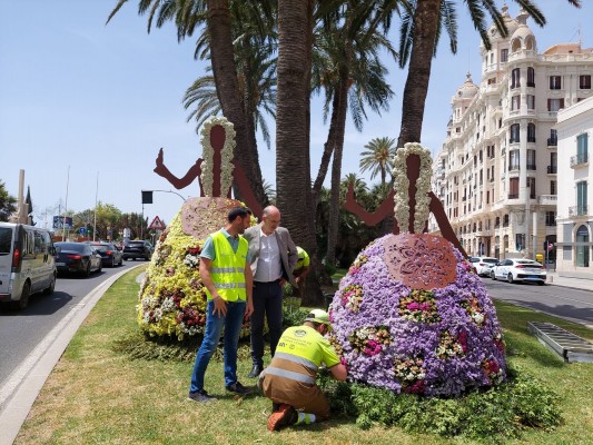 Alicante homenajea a sus 'belleses' con esculturas florales en la plaza del Mar y frente a la Estación


