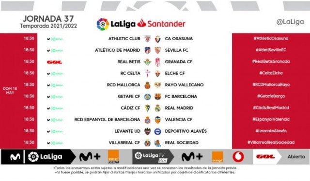Estos son los horarios de la penúltima jornada de Liga: horario unificado sujeto a modificaciones