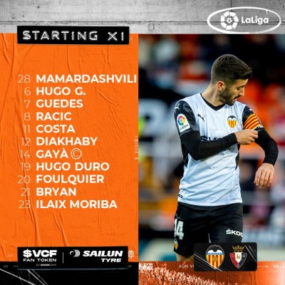 Este es el once del Valencia contra Osasuna
