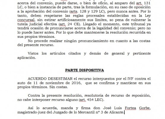 El IVF asegura que recurrirá ante la Audiencia una hipotética aprobación judicial del convenio