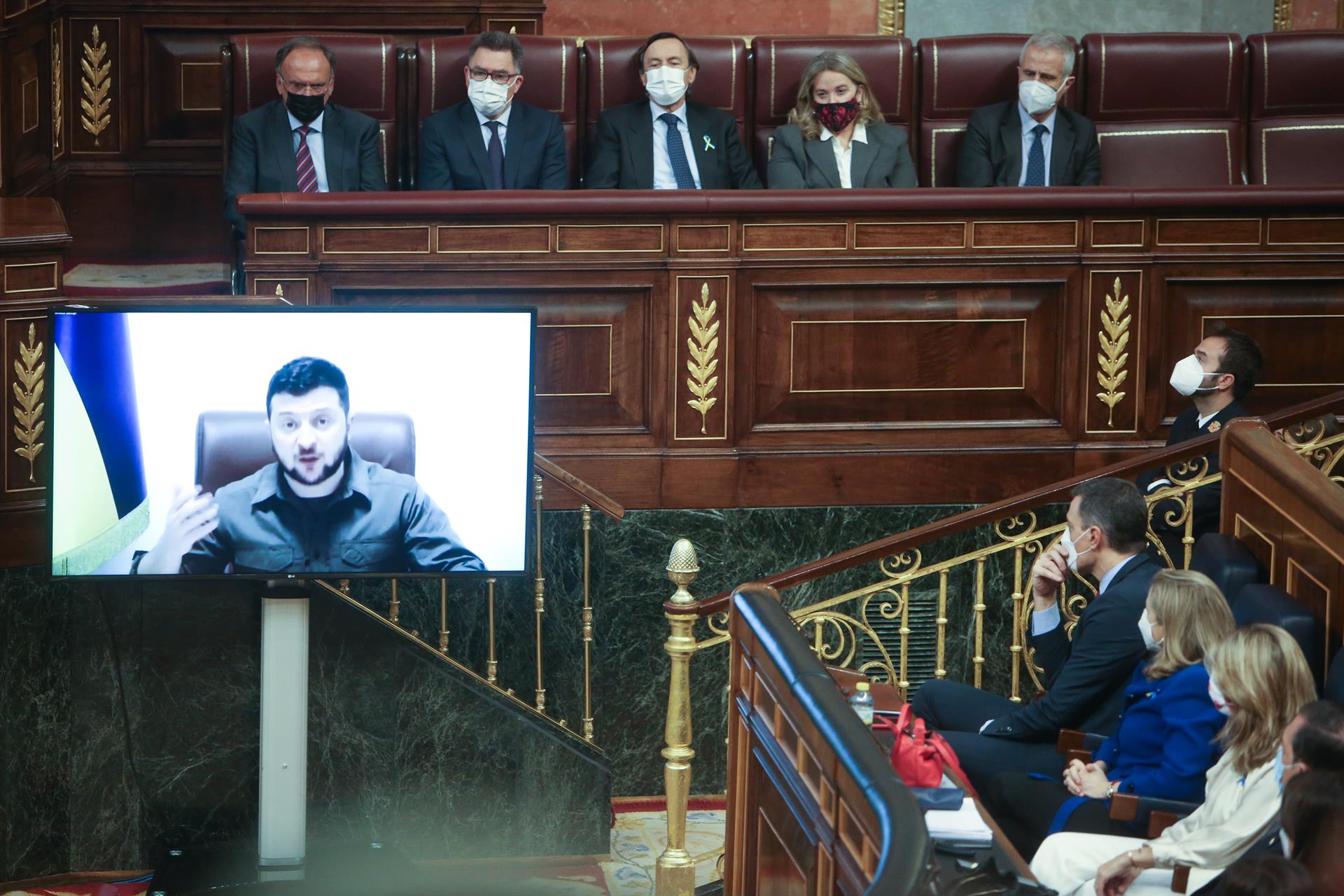 Comparecencia telemática del presidente ucraniano, Volodímir Zelenski, ante el pleno del Congreso de los Diputados. - 