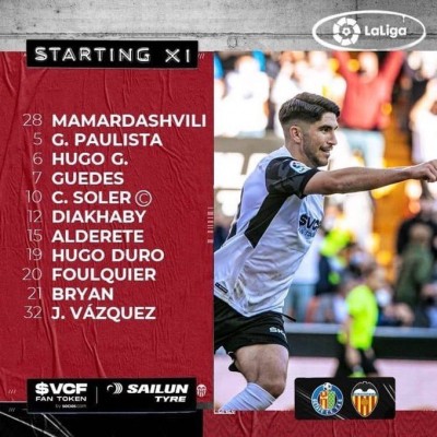 Este es el once del Valencia para medirse al Getafe