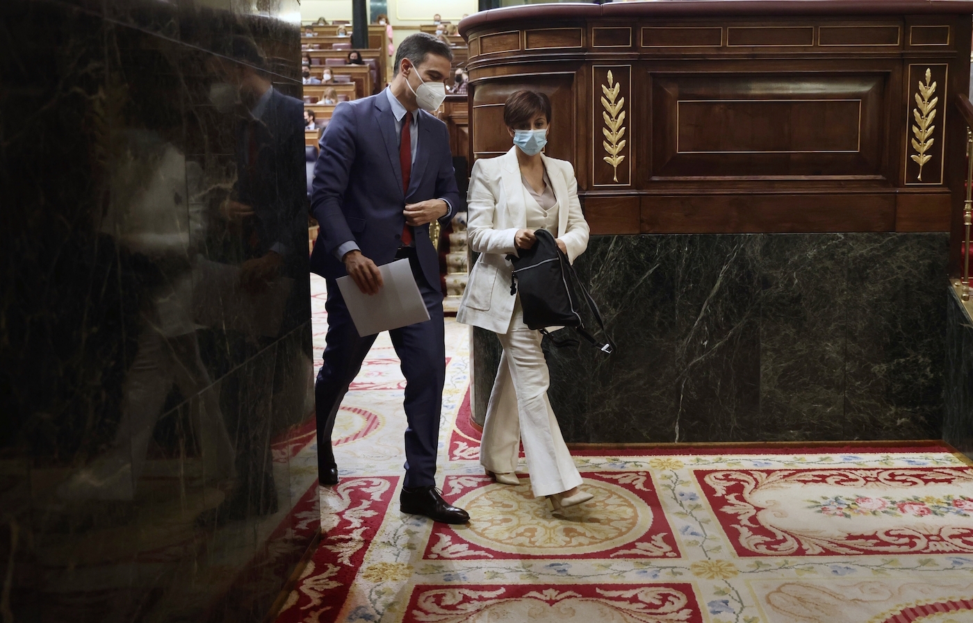 El presidente del Gobierno, Pedro Sánchez, y la ministra de Política Territorial y portavoz del Gobierno, Isabel Rodríguez. Foto: EDUARDO PARRA/EP - 