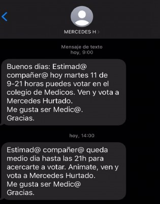 La candidatura de Arbáizar al ICOMV denuncia el envío masivo de WhatsApp pidiendo el voto para Hurtado