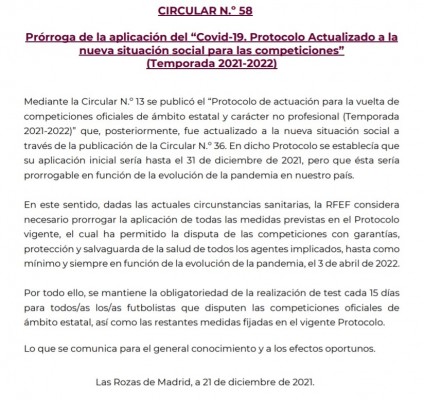 La RFEF prorroga hasta abril la vigencia de su protocolo 'anti-Covid'