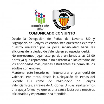 Peñas de Valencia y Levante se quejan del horario del derbi
