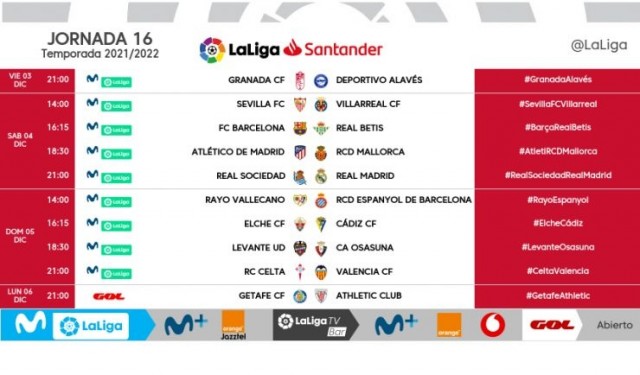 Ya se conocen los horarios de la jornada 16 de LaLiga
