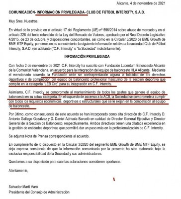 El Intercity 'compra' el primer equipo del Lucentum con el objetivo de llegar a la Liga ACB en dos años

