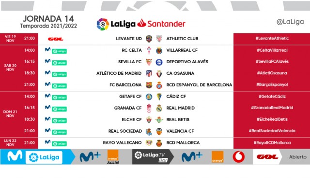 Ya se conocen los horarios de la jornada 14 de LaLiga