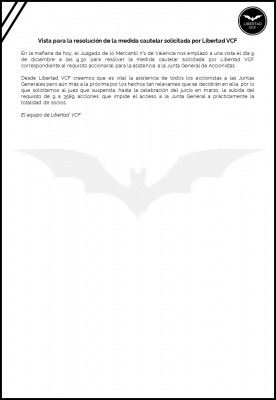 El 9 de diciembre será la vista para la resolución de la medida cautelar solicitada por Libertad VCF 