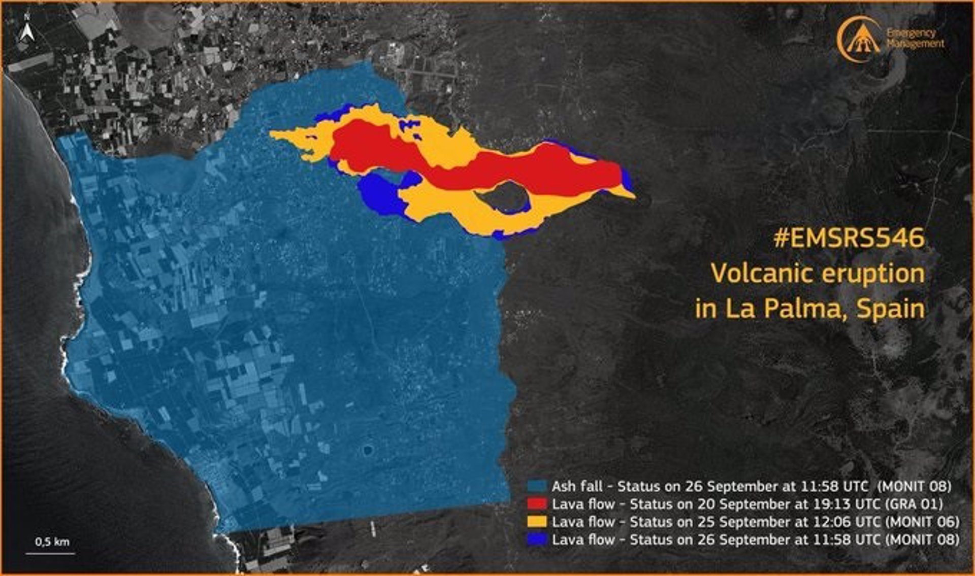 La lava cubre 258 hectáreas afectando a su paso a 686 edificaciones y más de 22,2 km de carretera