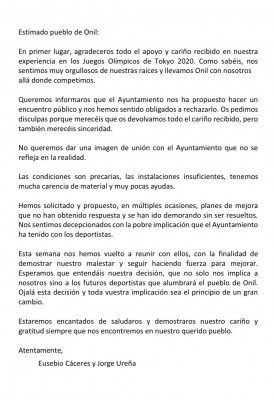Los atletas Jorge Ureña y Eusebio Cáceres rechazan la recepción oficial del Ayuntamiento de Onil