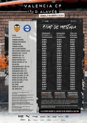 El Valencia CF pone a la venta las entradas para el partido ante el Alavés