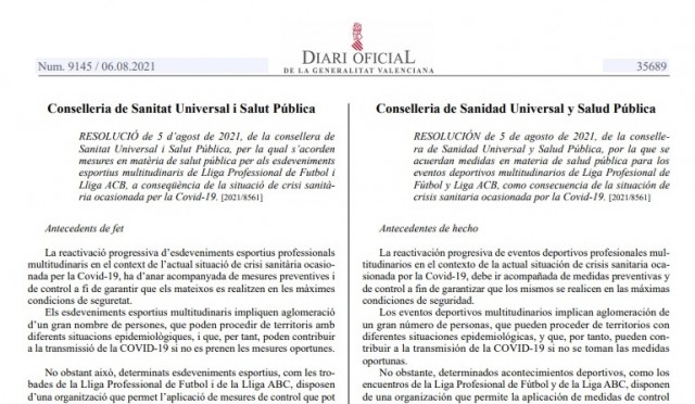 Publicada en DOGV la resolución de aforos en partidos de equipos de la LFP y ACB