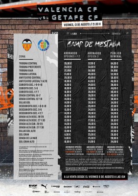 El Valencia pone a la venta on line las entradas para el debut ante el Getafe