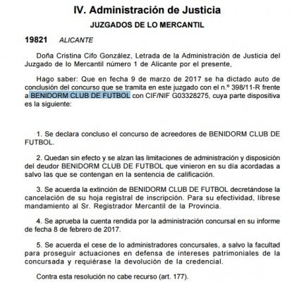 El juez liquida el Benidorm CF