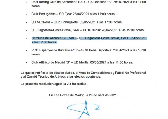 El Hércules-Llagostera se jugará el miércoles 5 de mayo desde las 17 horas