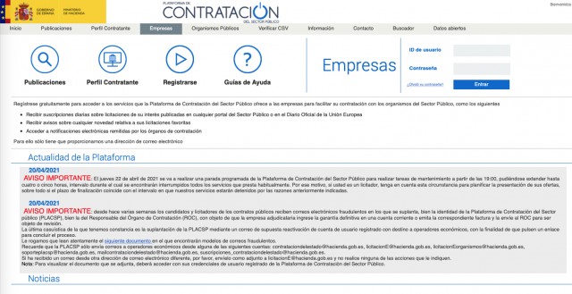 La Plataforma de Contratación alerta a los licitadores de un fraude mediante 'phishing'