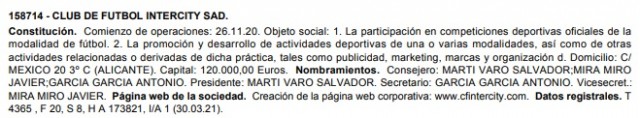 La SAD del Intercity, domiciliada en Alicante capital