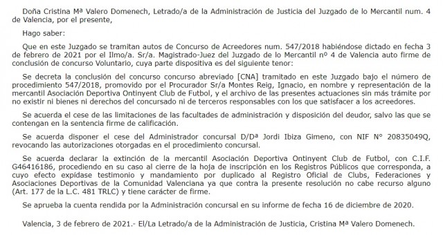 El BOE hace oficial la desaparición del Ontinyent