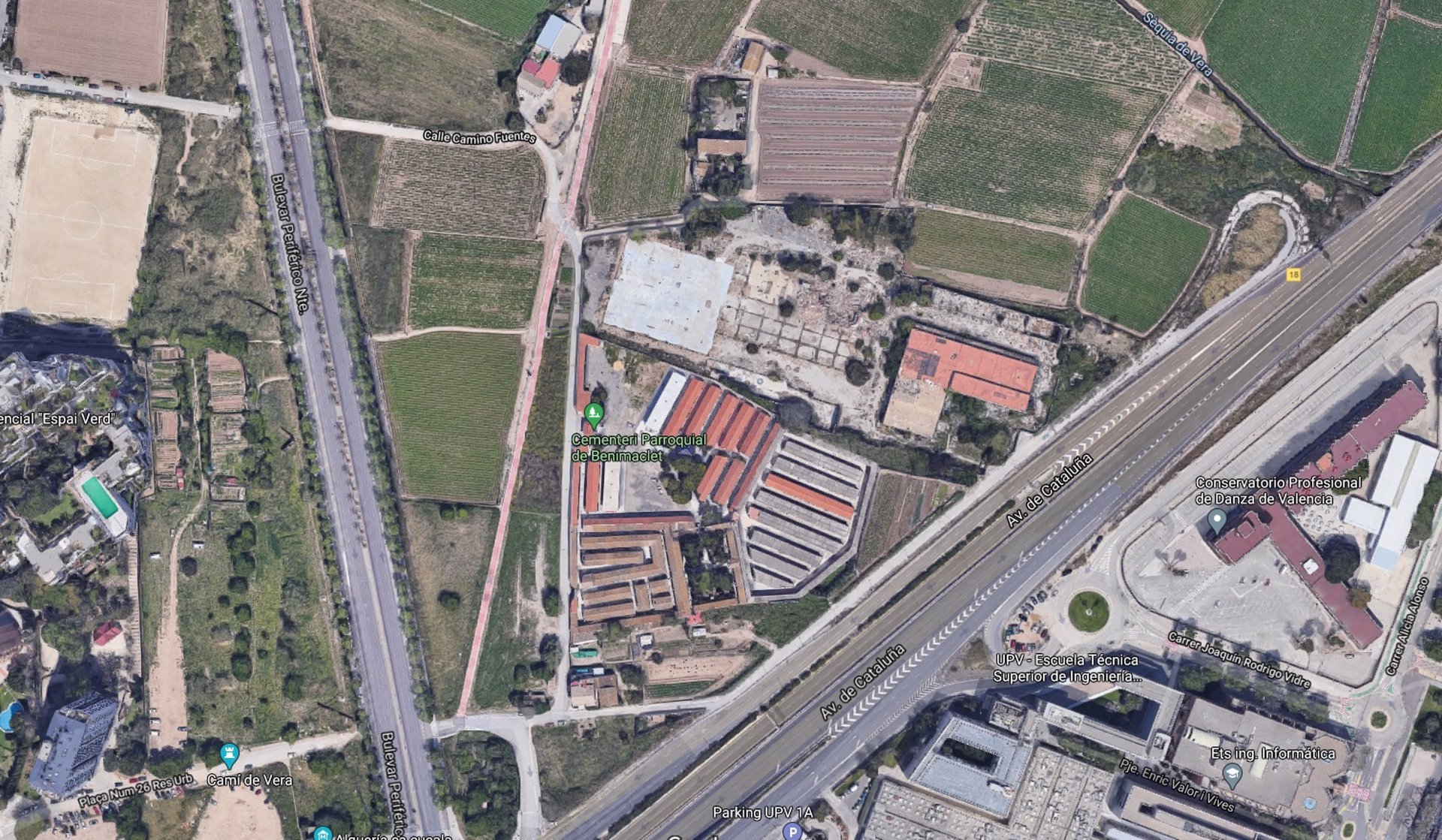 Vista aérea del cementerio de Benimaclet. Foto: GOOGLE MAPS - 