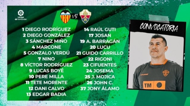 Carrillo, Álamo y Calvo, novedades en la convocatoria del Elche para Mestalla