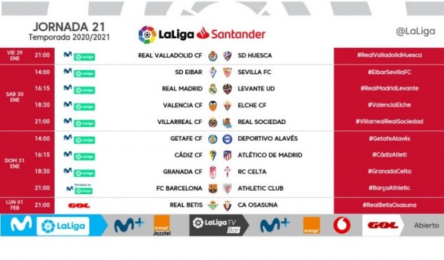 Ya hay horarios de la jornada 21 de LaLiga