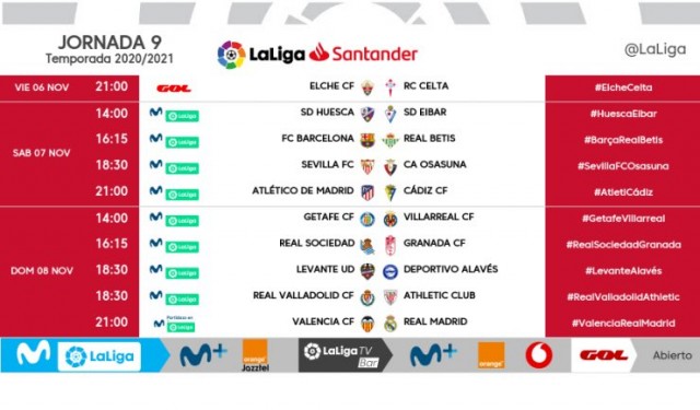 Estos son los horarios de la jornada 9 de LaLiga