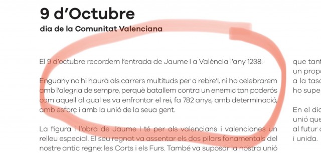 La Generalitat retira un texto de la campaña del 9 d'Octubre que compara la covid con la Reconquista 